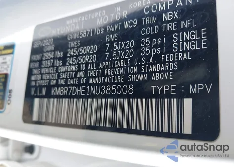 2022 Hyundai Palisade Calligraphy z USA, uszkodzony, nr VIN KM8R7DHE1NU385008